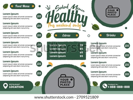 Restaurant menu template with healthy salad menu, salad and other menu items