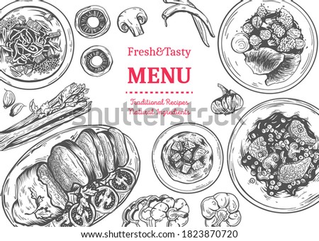 Restaurant menu template. Linear graphic. Vector illustration