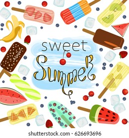 Restaurant menu template of Popsicles with berries and fruits. Different Ice-creams and handmade lettering Vector illustration eps 10