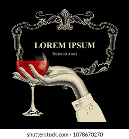 Restaurant menu template with retro drawing of woman's hand holding wine glass and vintage frame. Vector illustration