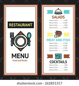 Restaurant menu template with salads meat fish dishes and cocktails vector illustration
