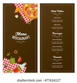 Restaurant menu template. Two banners with great design. Pizza on tablecloth and ingredients. For restaurant, pizzeria and delivery. Simple and flat style.