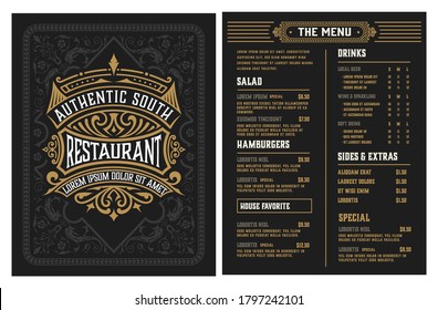 Restaurant menu template. Vintage style. Vector layered