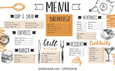Restaurant menu templated with hand drawn food and lettering