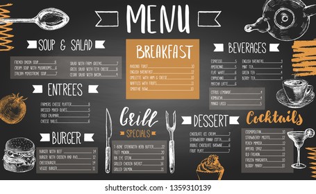 Restaurant menu templated with hand drawn food and lettering styled like a chalkboard.