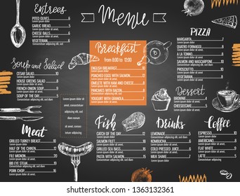 Restaurant menu templated with hand drawn food and lettering styled like a chalkboard.