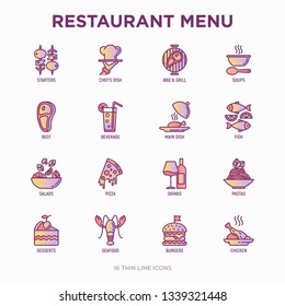 Restaurant menu thin line icons set: starters, chef dish, BBQ, soup, beef, steak, beverage, fish, salad, pizza, wine, seafood, burger. Modern vector illustration.