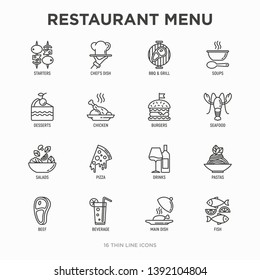Restaurant menu thin line icons set: starters, chef dish, BBQ, soup, beef, steak, beverage, fish, salad, pizza, wine, seafood, burger. Modern vector illustration.