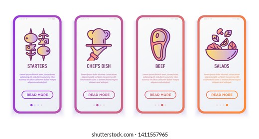 Restaurant menu thin line icons set: starters, chef's dish, beef, salads. Modern vector illustration for user mobile interface.