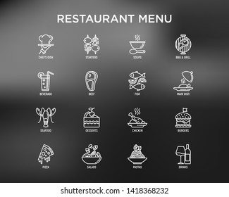 Restaurant Menu Thin Line Icons Set: Starters, Chef Dish, BBQ, Soup, Beef, Steak, Beverage, Fish, Salad, Pizza, Wine, Seafood, Burger. Modern Vector Illustration For Black Theme Of Website.