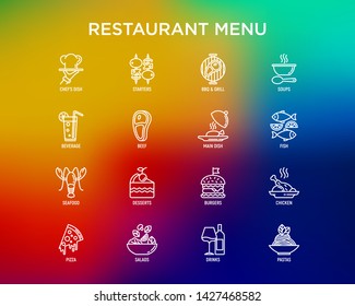 Restaurant menu thin line icons set: starters, chef dish, BBQ, soup, beef, steak, beverage, fish, salad, pizza, wine, seafood, burger. Modern vector illustration.