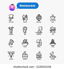 Restaurant menu thin line icons set: starters, chef dish, BBQ, soup, beef, steak, beverage, fish, salad, pizza, wine, seafood, burger. Modern vector illustration.