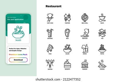 Restaurant menu thin line icons set: starters, chef dish, BBQ, soup, beef, steak, beverage, fish, salad, pizza, wine, seafood, burger. Modern vector illustration.