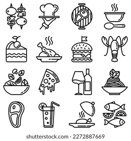 Restaurant menu thin line icons set: starters, chef dish, BBQ, soup, beef, steak, beverage, fish, salad, pizza, wine, seafood, burger. Modern vector illustration