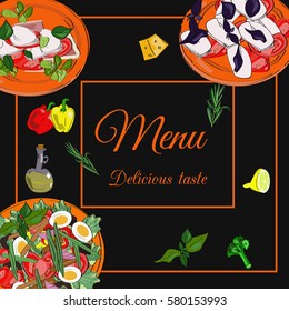 Restaurant menu top view frame. Food menu template design. Vector drawn sketch illustration with dishes.