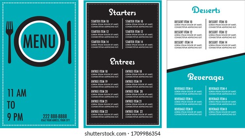 Restaurant menu turquoise modern design template main font is futura