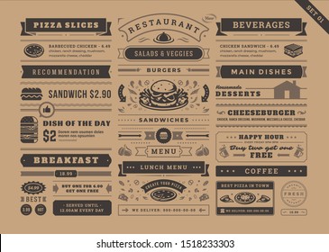 Os elementos de design de decoração tipográfica do menu do restaurante definem a ilustração vetorial de estilo vintage e retro. Sinais e símbolos de comida, elementos ornamentados com divisórias, fitas e molduras estilo jornal antigo.