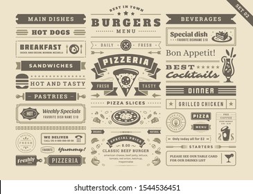 Restaurant Menu Typographic Decoration Design Elements Set Vintage And Retro Style Vector Illustration. Food Signs And Symbols, Ornate Elements With Dividers, Ribbons And Frames Old Newspaper Style.