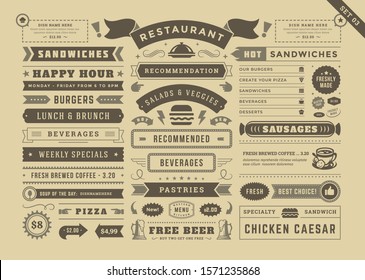 Restaurant menu typographic decoration design elements set vintage and retro style vector illustration. Food signs and symbols, ornate elements with dividers, ribbons and frames old newspaper style.