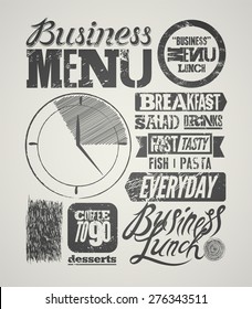 Restaurant menu typographic grunge design. Vintage business lunch poster. Vector illustration.