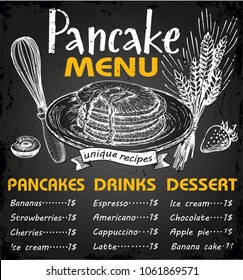 Restaurant menu. Vector food flyer for bar and cafe. Design template with vintage hand-drawn illustrations. Breakfast Pancakes Vintage Style