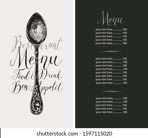 Restaurant menu vector template with price list. The black-and-white menu decorated with an old hand-drawn spoon and handwritten inscriptions