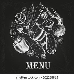 restaurant menu with vegetables on the chalkboard