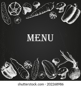 restaurant menu with vegetables on the chalkboard