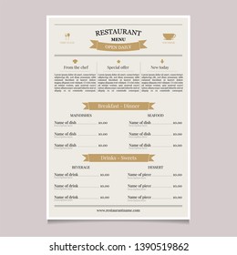 Restaurant menu in vintage style. Coffee restaurant menu. Cooking design poster. Brochure template flyer design vector background. Food concept design.