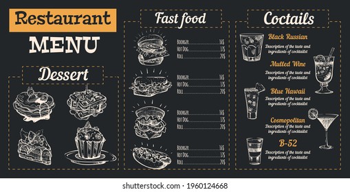 Restaurant menu in white chalk on a dark background,eat and drinks, vector illustration