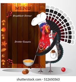 Restaurant Menu Wood Black Board Template and Color Icons for Cafes and Restaurants.Cook Turkey. Vector illustration.Vegan,healthy,eco food icon,logo,banner cafe. Thanksgiving.Thanksgiving Menu.