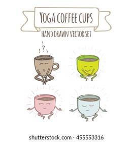 Restaurant menu or yoga studio cardboard character. Template for your projects, websites, invitations. Funny cute mug coffee cups drawn with a smile, eyes and hands in lotus yoga pose