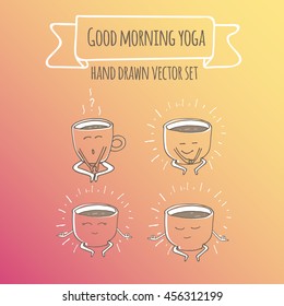 Restaurant menu or yoga studio cardboard character. Template for your projects, websites, invitations. Funny cute mug coffee cups drawn with a smile, eyes and hands in lotus yoga pose