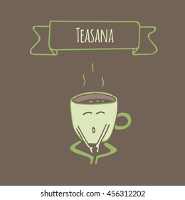 Restaurant menu or yoga studio cardboard character. Template for your projects, websites, invitations. Funny cute mug tea and coffee cup drawn with a smile, eyes and hands in lotus yoga pose