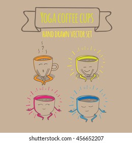 Restaurant menu or yoga studio cardboard character. Template for your projects, websites, invitations. Funny cute mug coffee cups drawn with a smile, eyes and hands in lotus yoga pose