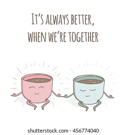 Restaurant menu or yoga studio cardboard character. Template for your projects, websites, invitations for valentine's day. Funny cute mug coffee cups drawn with a smile, eyes and hands in yoga pose