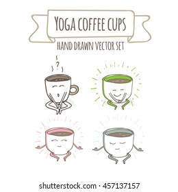 Restaurant menu or yoga studio cardboard character. Template for your projects, websites, invitations. Funny cute mug coffee cups drawn with a smile, eyes and hands in lotus yoga pose