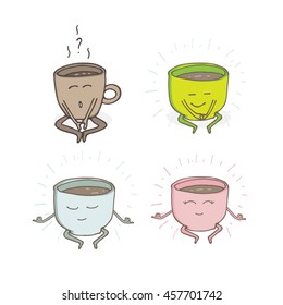 Restaurant menu or yoga studio cardboard character. Template for your projects, websites, invitations. Funny cute mug coffee cups drawn with a smile, eyes and hands in lotus yoga pose