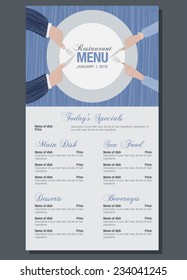 The restaurant menu for your design with an illustration of two pairs of hands near the plate. Main dishes, sea food, specials, desserts, beverages. Family or romantic dinner with two persons. 
