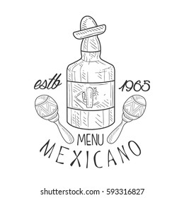 Restaurant Mexican Food Menu Promo Sign In Sketch Style With Tequila Bottle And Maracas, Design Label Black And White Template