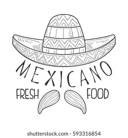 Restaurant Mexican Fresh Food Menu Promo Sign In Sketch Style With Sombrero And Mariachi Moustache, Design Label Black And White Template