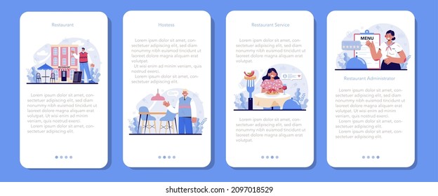 Restaurant mobile application banner set. Caffe employees and administration. People having lunch in restaurant. Hostess helps visitors. Flat vector illustration.