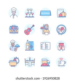 Restaurant - modern line design style icons set. Food and drinks, cafe idea. Alcoholic and hot beverages, chef, waitperson, reservation, table for two, celebration, wine list, takeaway, seasonal menu,