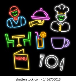 restaurant neon icons, vector neon glow on dark background