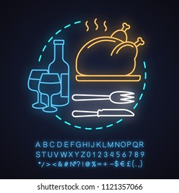 Restaurant neon light concept icon. Holiday dinner or supper idea. Food serving. Thanksgiving turkey. Glowing sign with alphabet, numbers and symbols. Vector isolated illustration