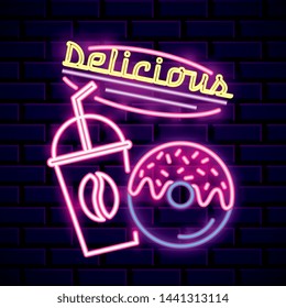 Restaurant neon lights advertising on bricks wall background vector editable illustration