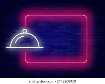 Restaurant neon poster. Closed plate and empty pink frame. Cafe dinner. Catering flyer. Copy space. Editing text. Vector stock illustration