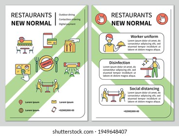 Restaurant new normal brochure. Regulation through covid19 template. Flyer, magazine, poster, book cover, booklet .New rules infographic concept.Layout illustration page with icon