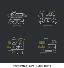 Restaurant new normal chalk icons set.Digital payment, patio dining, contactless ordering, terrace cafe. Regulation through covid19.Isolated vector illustrations on chalkboard