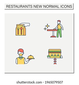 Restaurant new normal color icons set.Limited people, delivery, disinfection, worker uniform. Regulation through covid19.New rules concept. Isolated vector illustrations